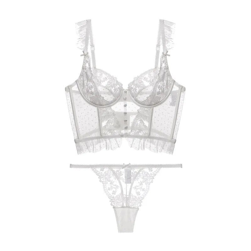 Komplet bielizny z biustonoszem typu bustier i  haftem florystycznym