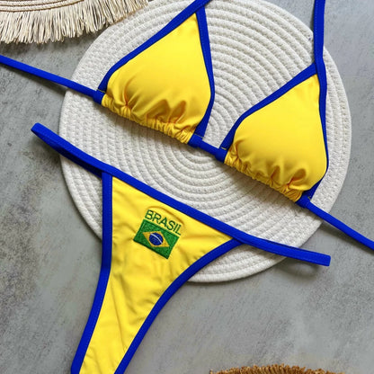 Dwuczęściowe bikini brazylijskie z trójkątnymi miseczkami i haftowanym motywem Brasil