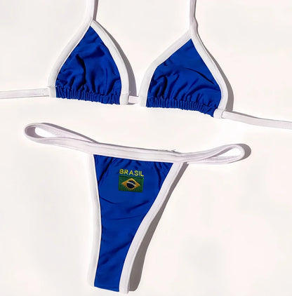 Dwuczęściowe bikini brazylijskie z trójkątnymi miseczkami i haftowanym motywem Brasil