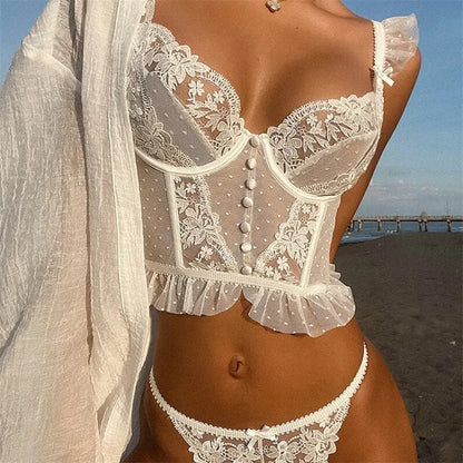 Komplet bielizny z biustonoszem typu bustier i  haftem florystycznym