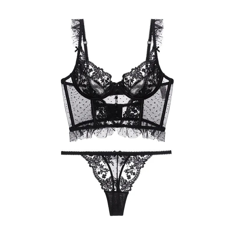 Komplet bielizny z biustonoszem typu bustier i  haftem florystycznym