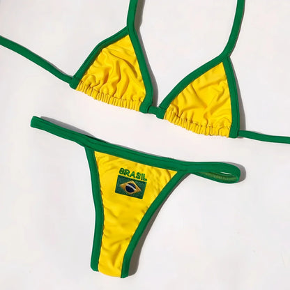 Dwuczęściowe bikini brazylijskie z trójkątnymi miseczkami i haftowanym motywem Brasil