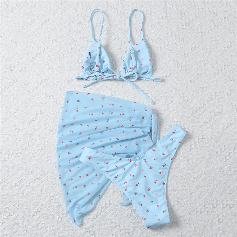 3-częściowy zestaw bikini w kwiatki