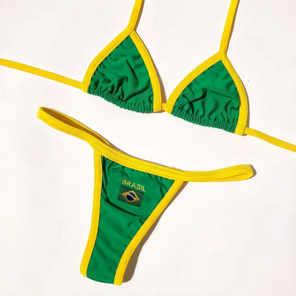 Dwuczęściowe bikini brazylijskie z trójkątnymi miseczkami i haftowanym motywem Brasil