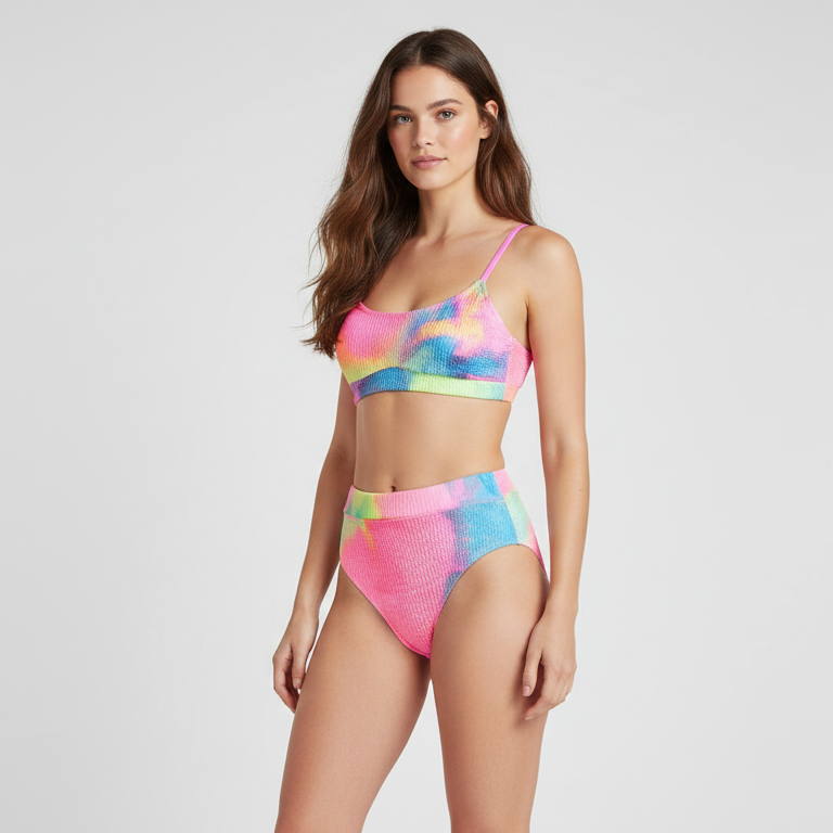 Dwuczęściowy strój kąpielowy tie-dye z wysokim stanem i karbowaną fakturą